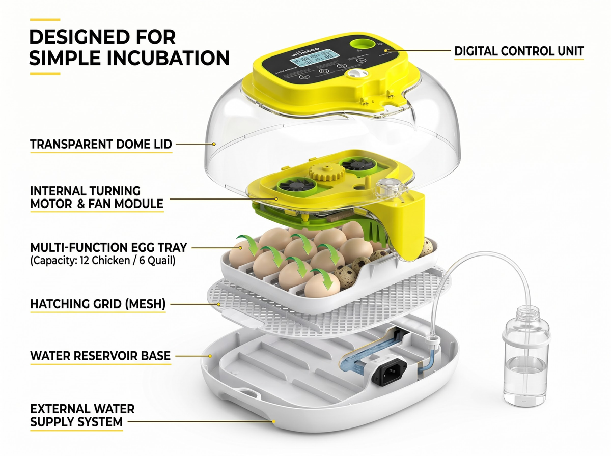Automatic Egg Incubator 16 Eggs with Auto Turning Temperature Humidity Control LED Candler