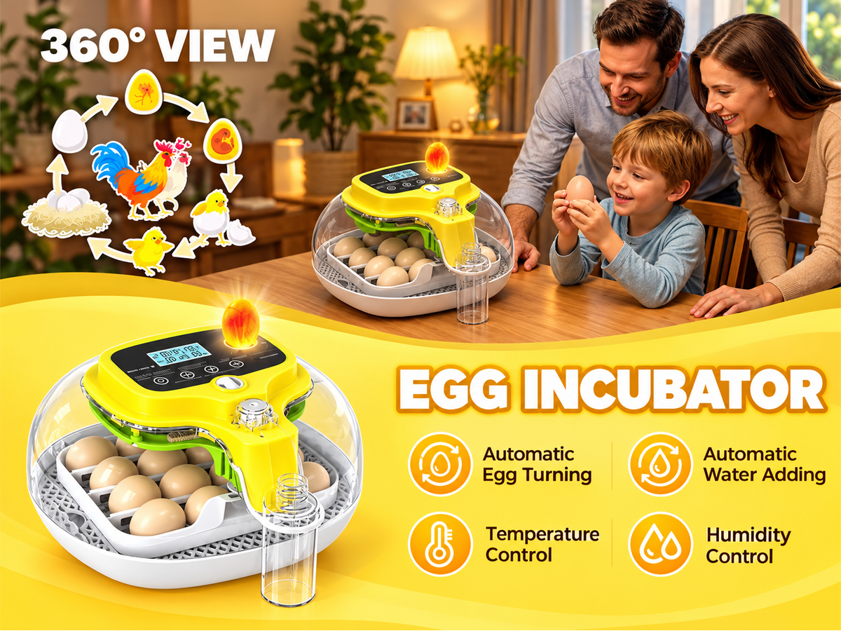 Automatic Egg Incubator 16 Eggs with Auto Turning Temperature Humidity Control LED Candler