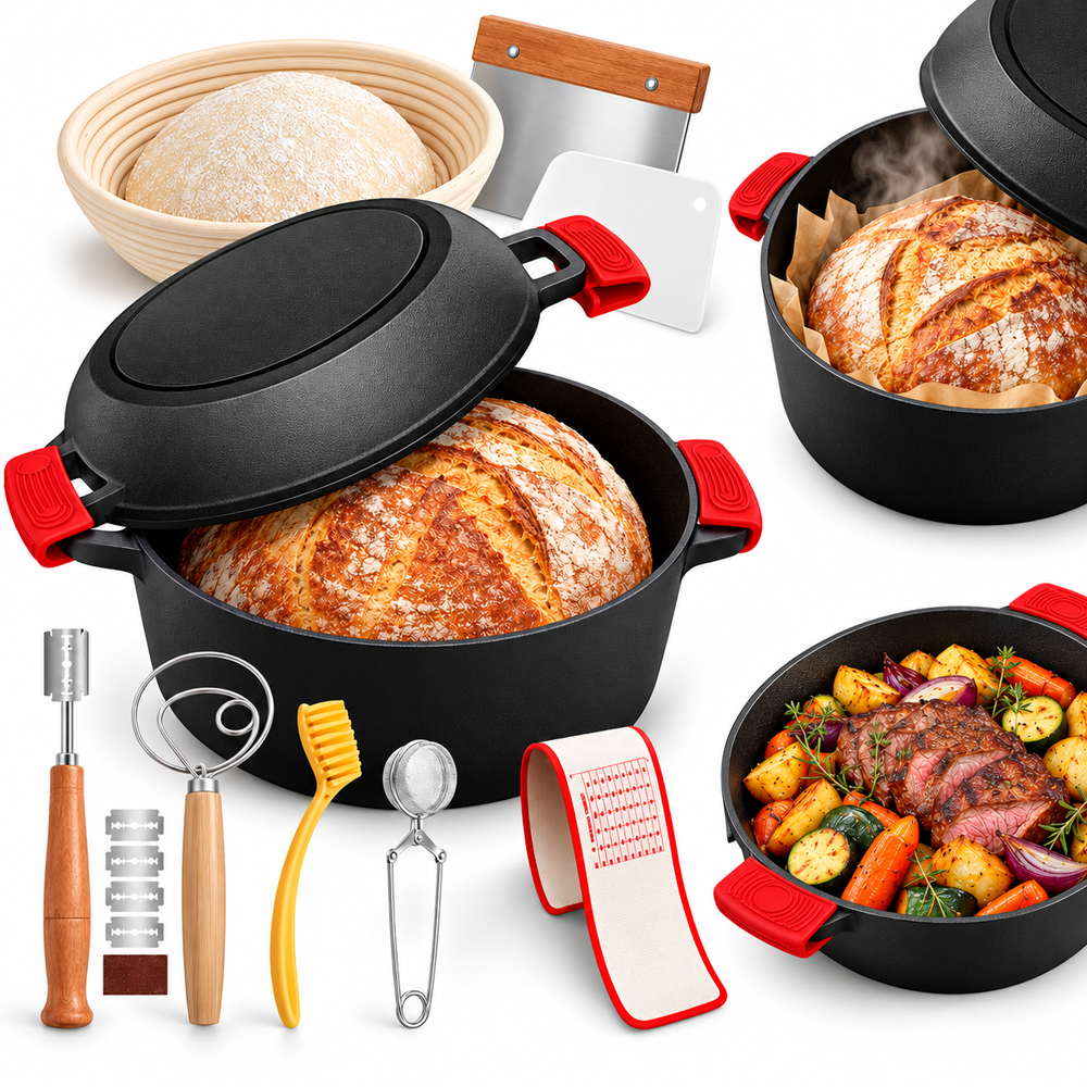 Cast Iron Dutch Oven Bread Baking Pot with Skillet Lid Sourdough Kit