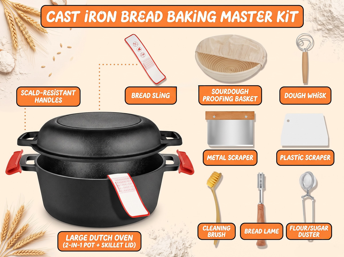 Cast Iron Dutch Oven Bread Baking Pot with Skillet Lid Sourdough Kit