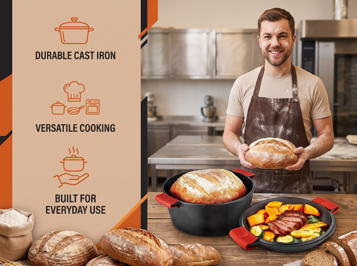 Cast Iron Dutch Oven Bread Baking Pot with Skillet Lid Sourdough Kit