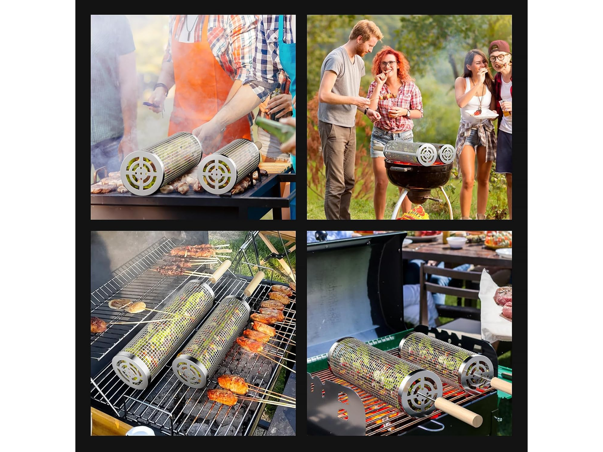 Rolling Grill Basket 2 PCS Stainless Steel BBQ Basket Set With Wooden Handles