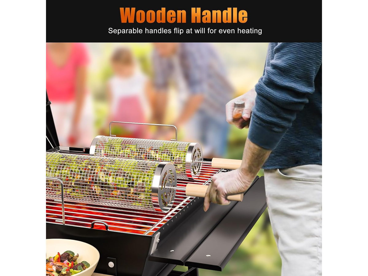Rolling Grill Basket 2 PCS Stainless Steel BBQ Basket Set With Wooden Handles