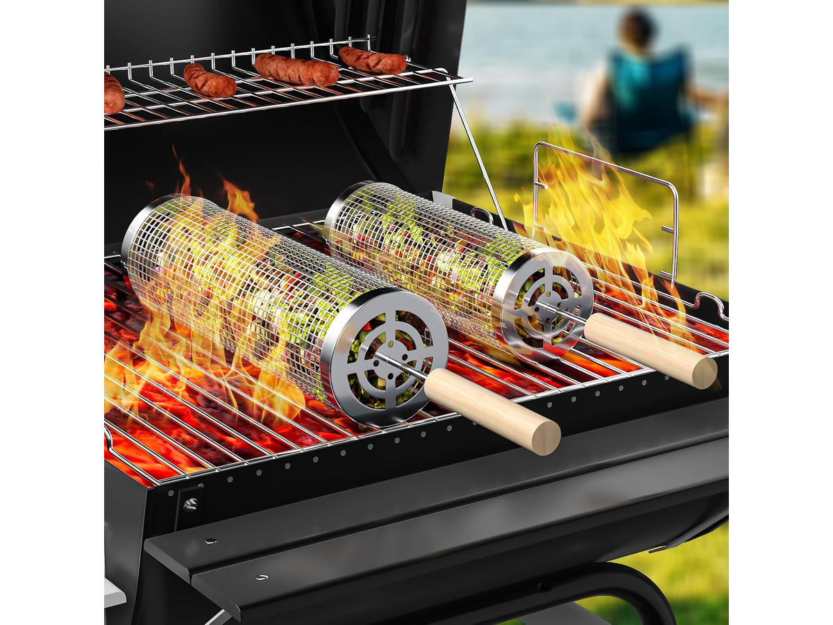 Rolling Grill Basket 2 PCS Stainless Steel BBQ Basket Set With Wooden Handles