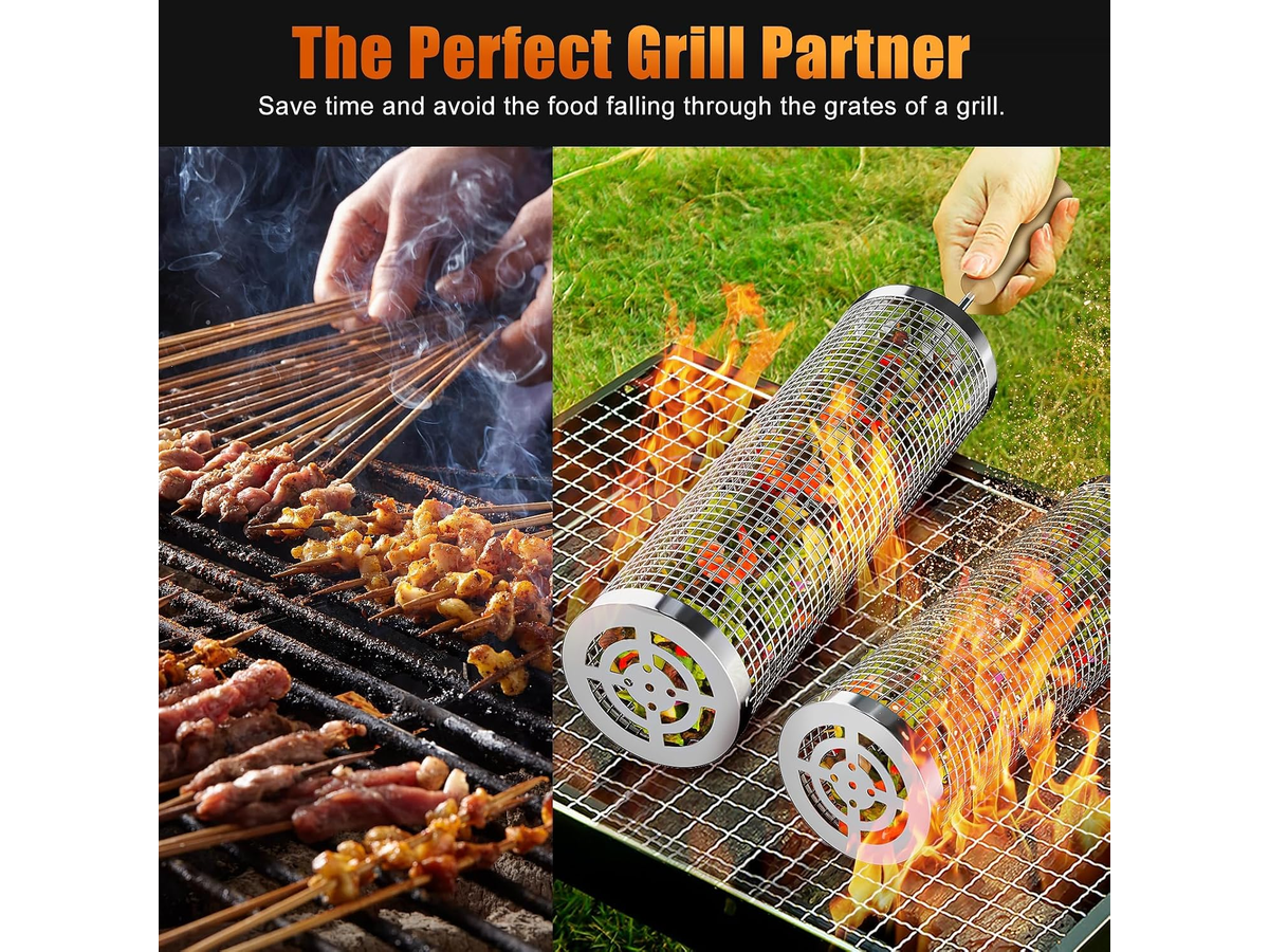 Rolling Grill Basket 2 PCS Stainless Steel BBQ Basket Set With Wooden Handles