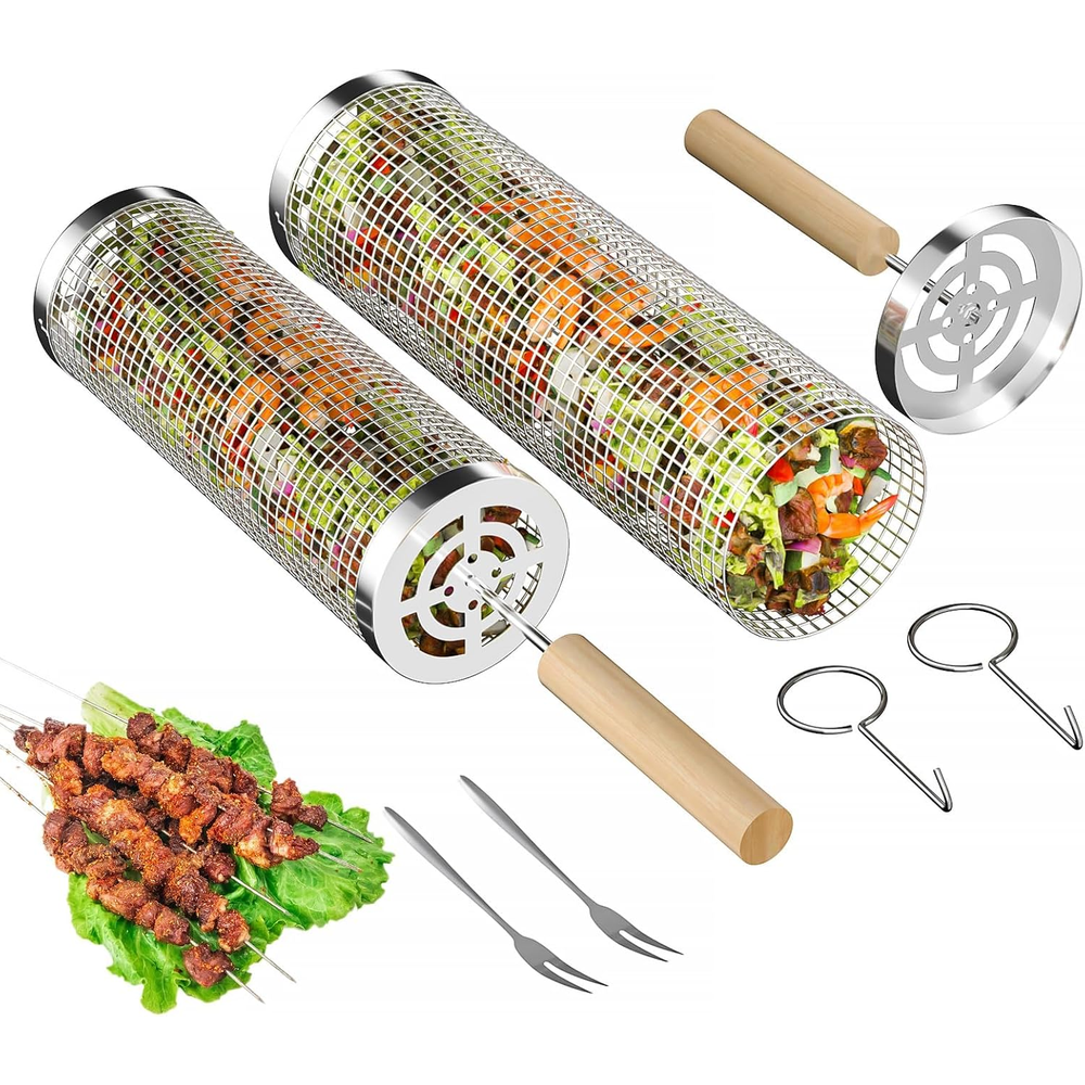 Rolling Grill Basket 2 PCS Stainless Steel BBQ Basket Set With Wooden Handles