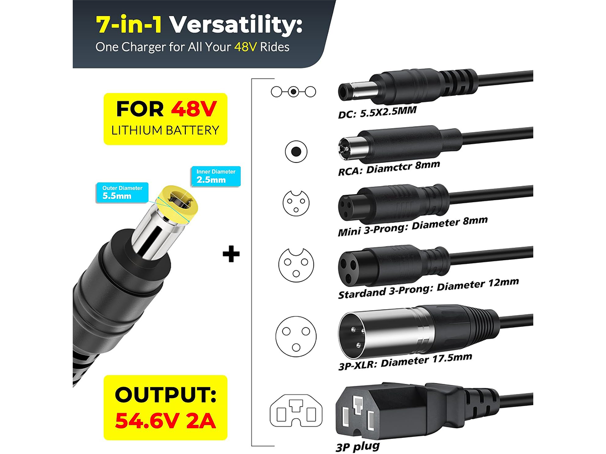 54.6V 2A Electric Scooter Charger with 7 Charging Plugs