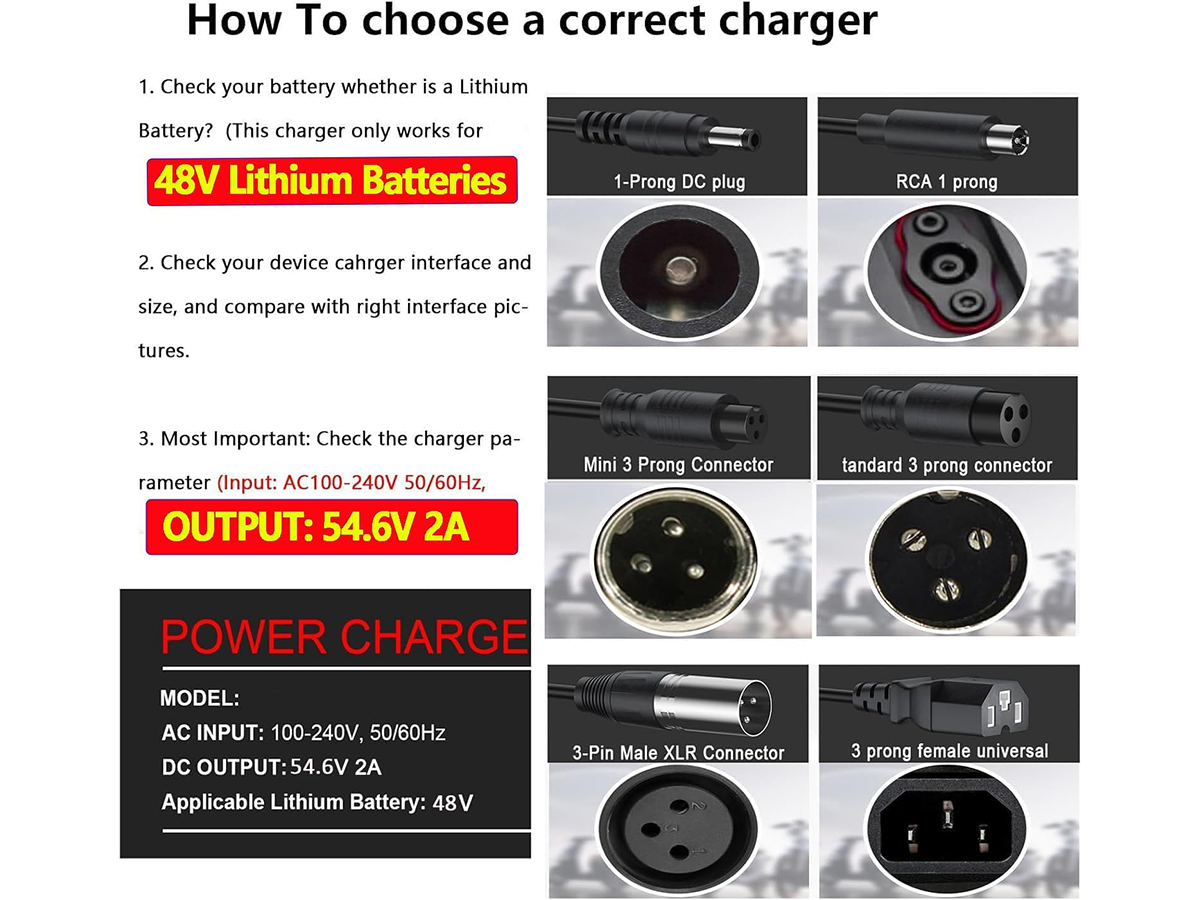 54.6V 2A Electric Scooter Charger with 7 Charging Plugs