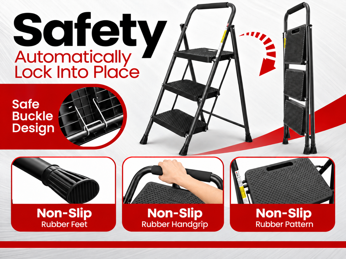 Folding Step Ladder 3 Step Steel Stool with Wide Anti Slip Pedals