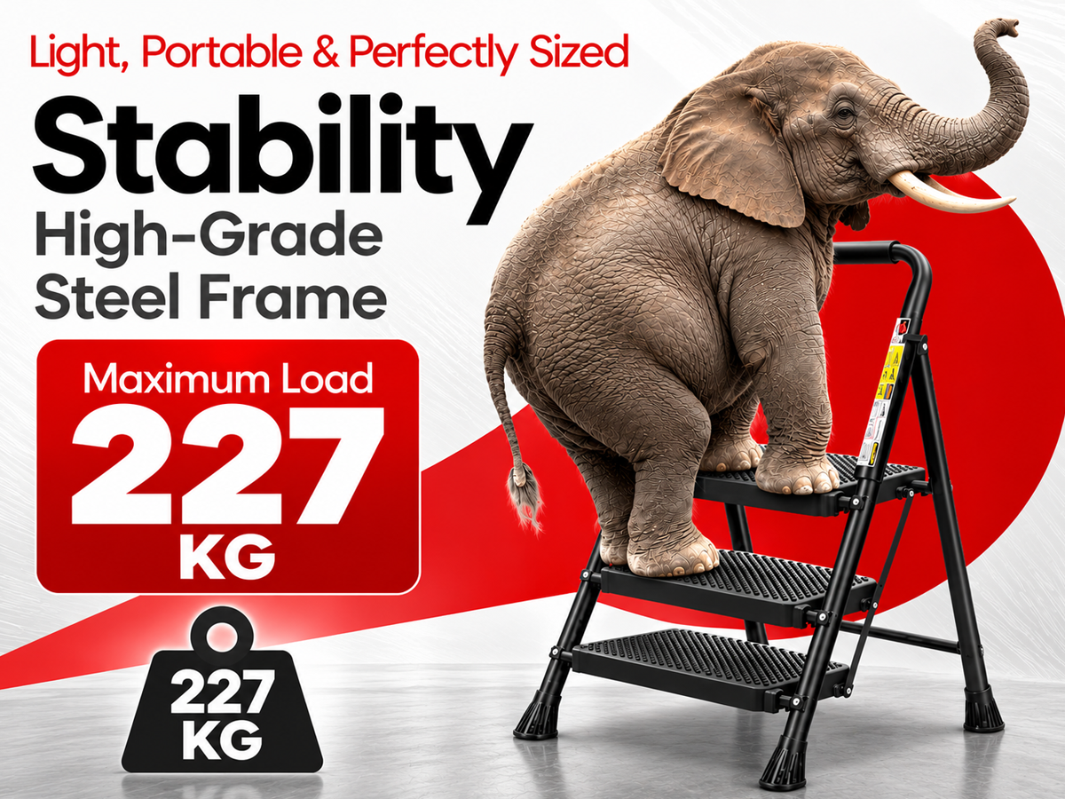 Folding Step Ladder 3 Step Steel Stool with Wide Anti Slip Pedals