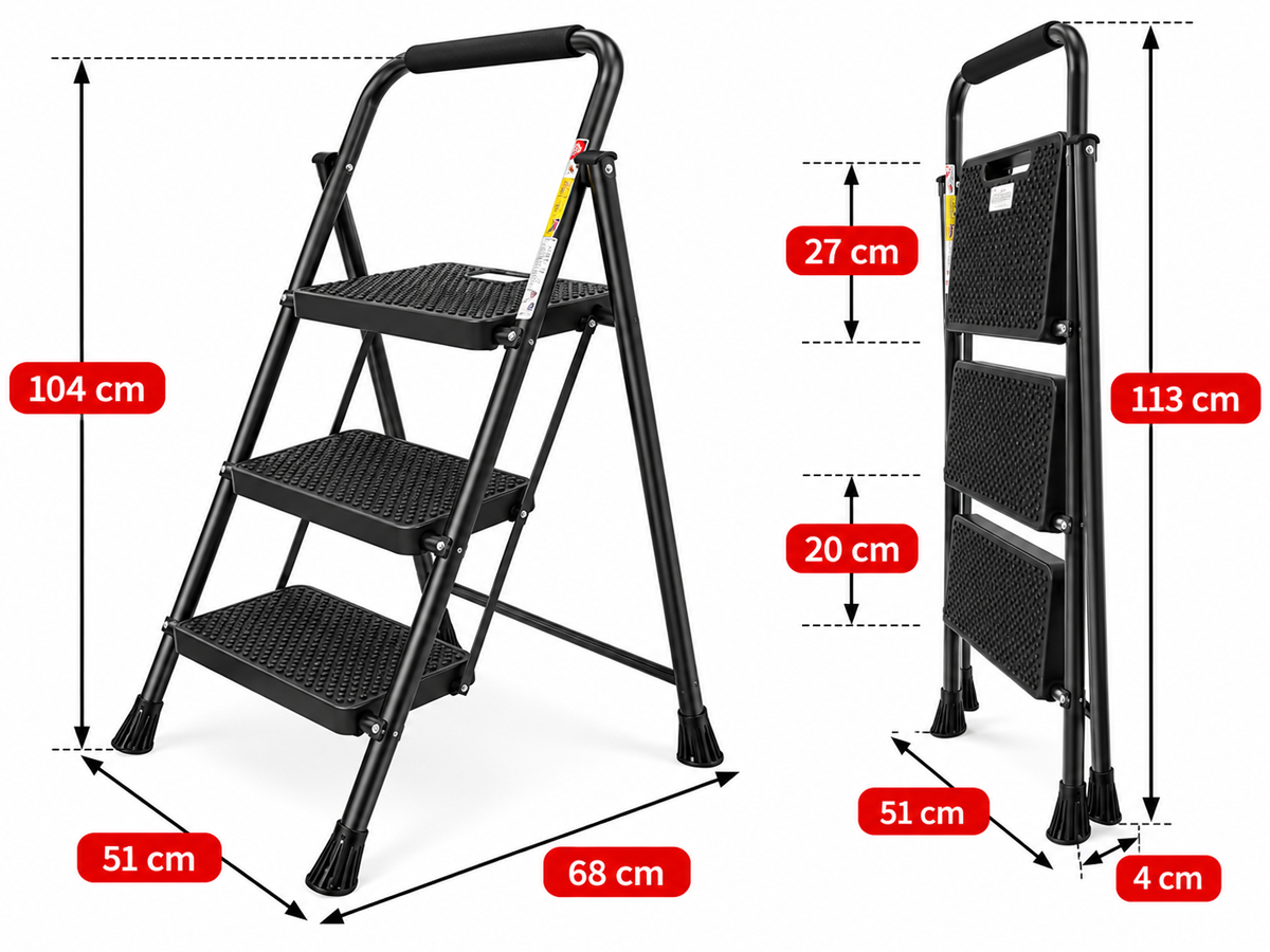 Folding Step Ladder 3 Step Steel Stool with Wide Anti Slip Pedals