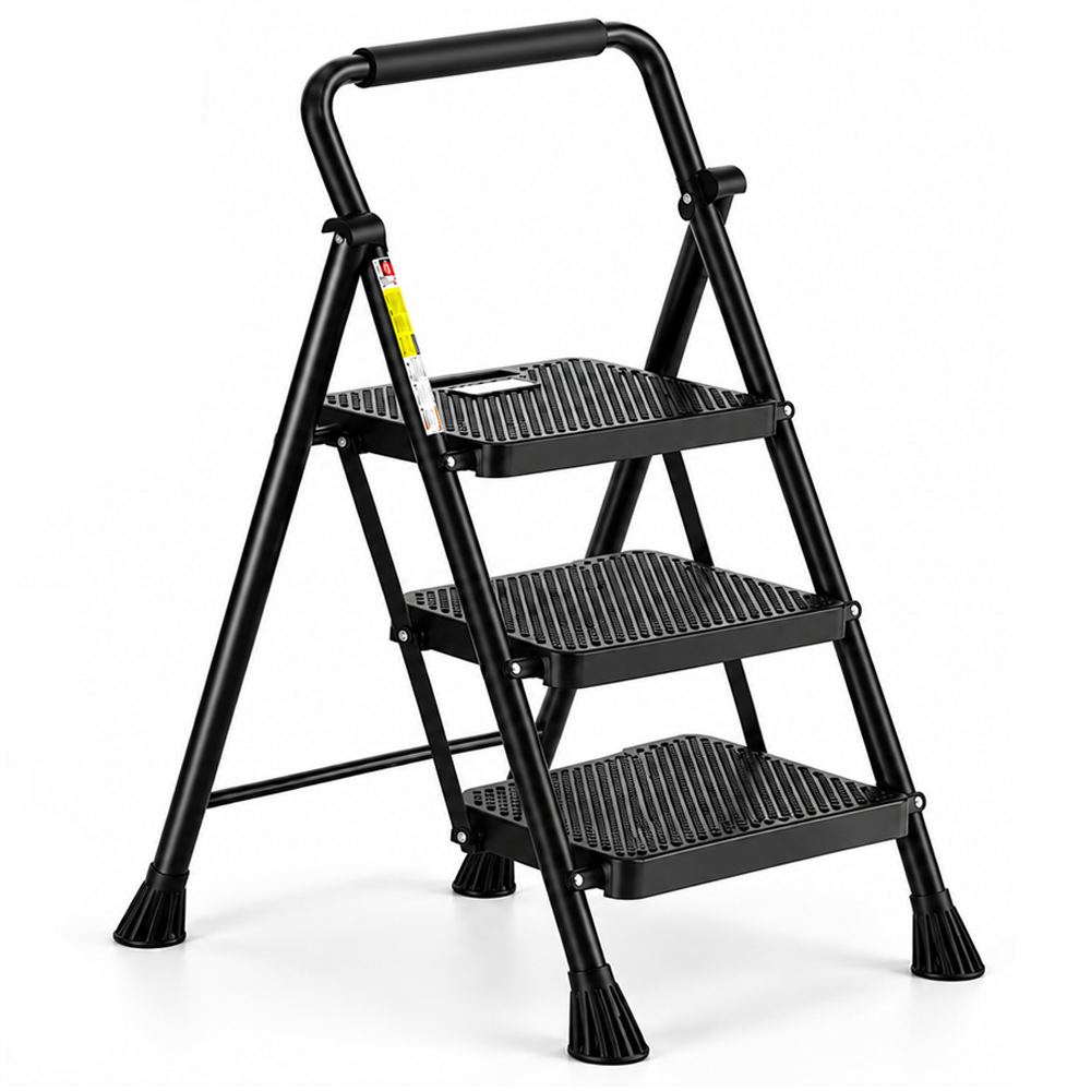 Folding Step Ladder 3 Step Steel Stool with Wide Anti Slip Pedals