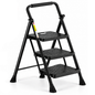Folding Step Ladder 3 Step Steel Stool with Wide Anti Slip Pedals