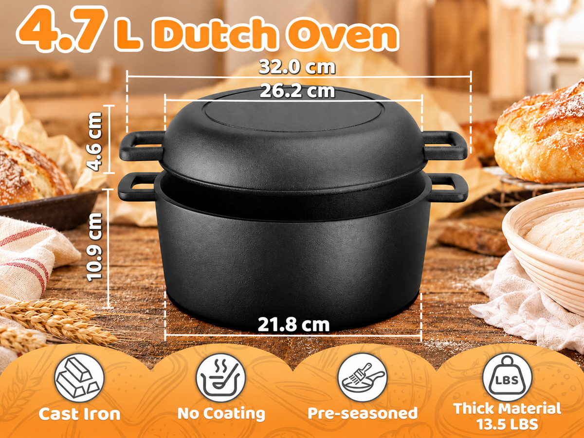 Cast Iron Dutch Oven 4.7L Pre Seasoned Bread Baking Pot with Skillet Lid