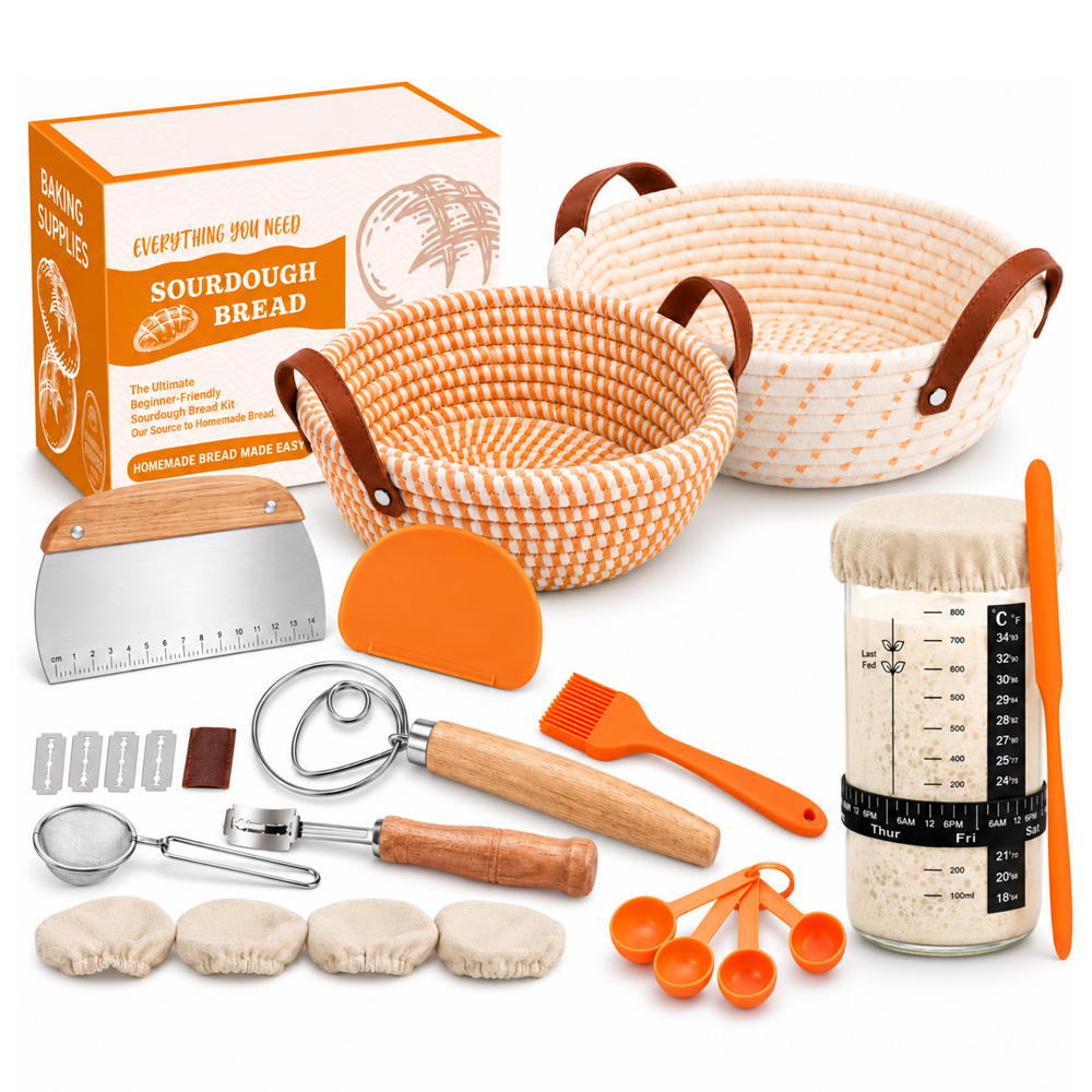 Sourdough Starter Kit Complete Bread Baking Set with Proofing Baskets Jar and Bread Making Tools