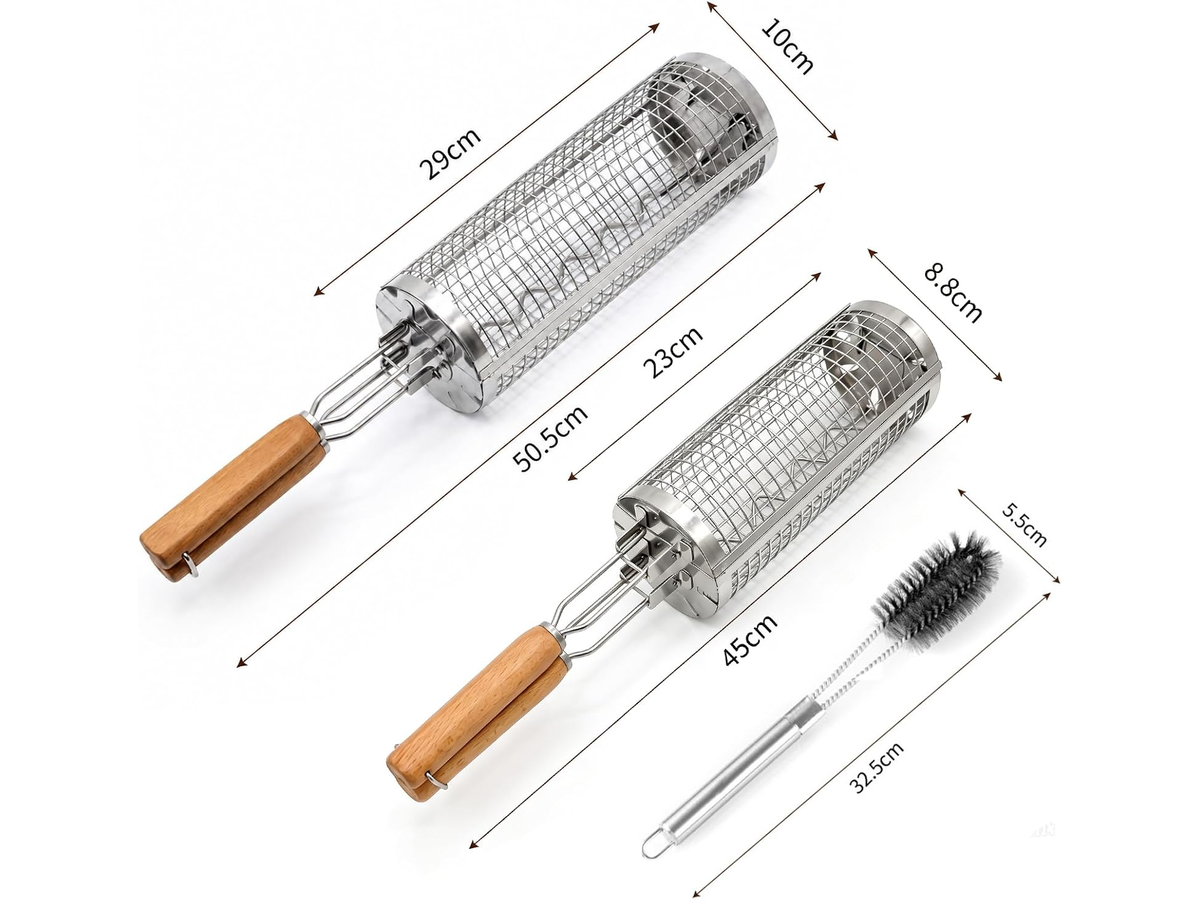 Rolling Grill Basket Set of 2 BBQ Baskets Wooden Handles