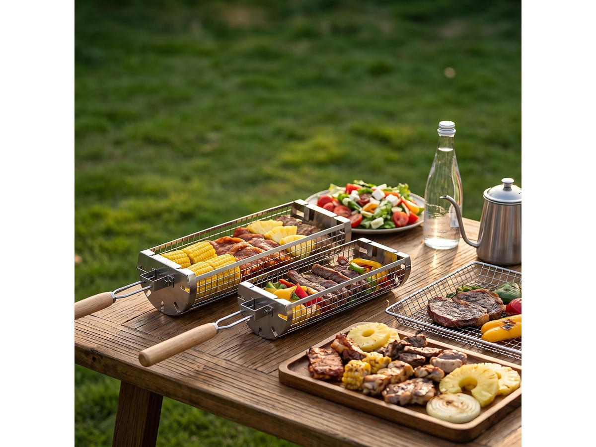 Rolling Grill Basket Set of 2 BBQ Baskets Wooden Handles