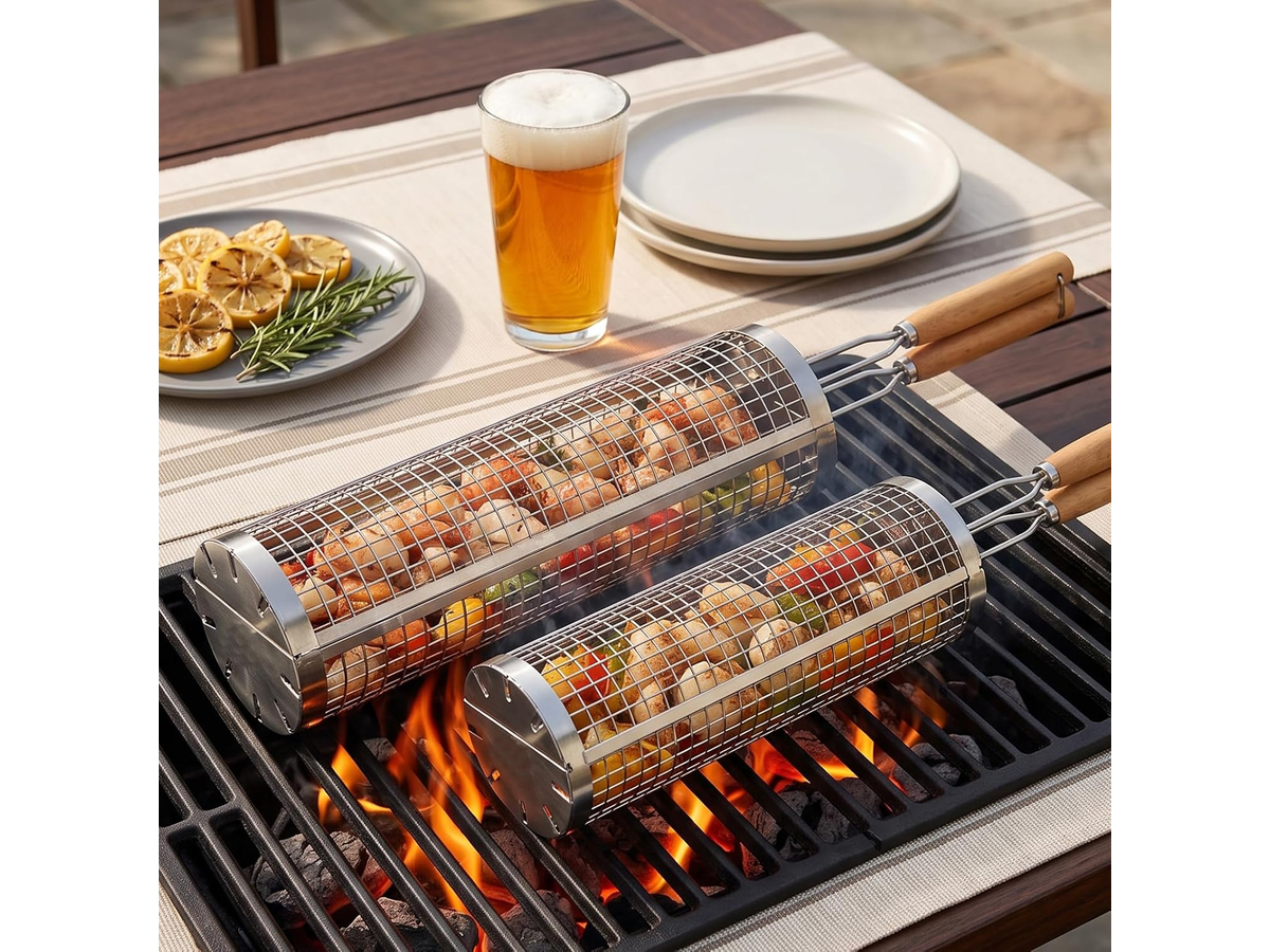 Rolling Grill Basket Set of 2 BBQ Baskets Wooden Handles