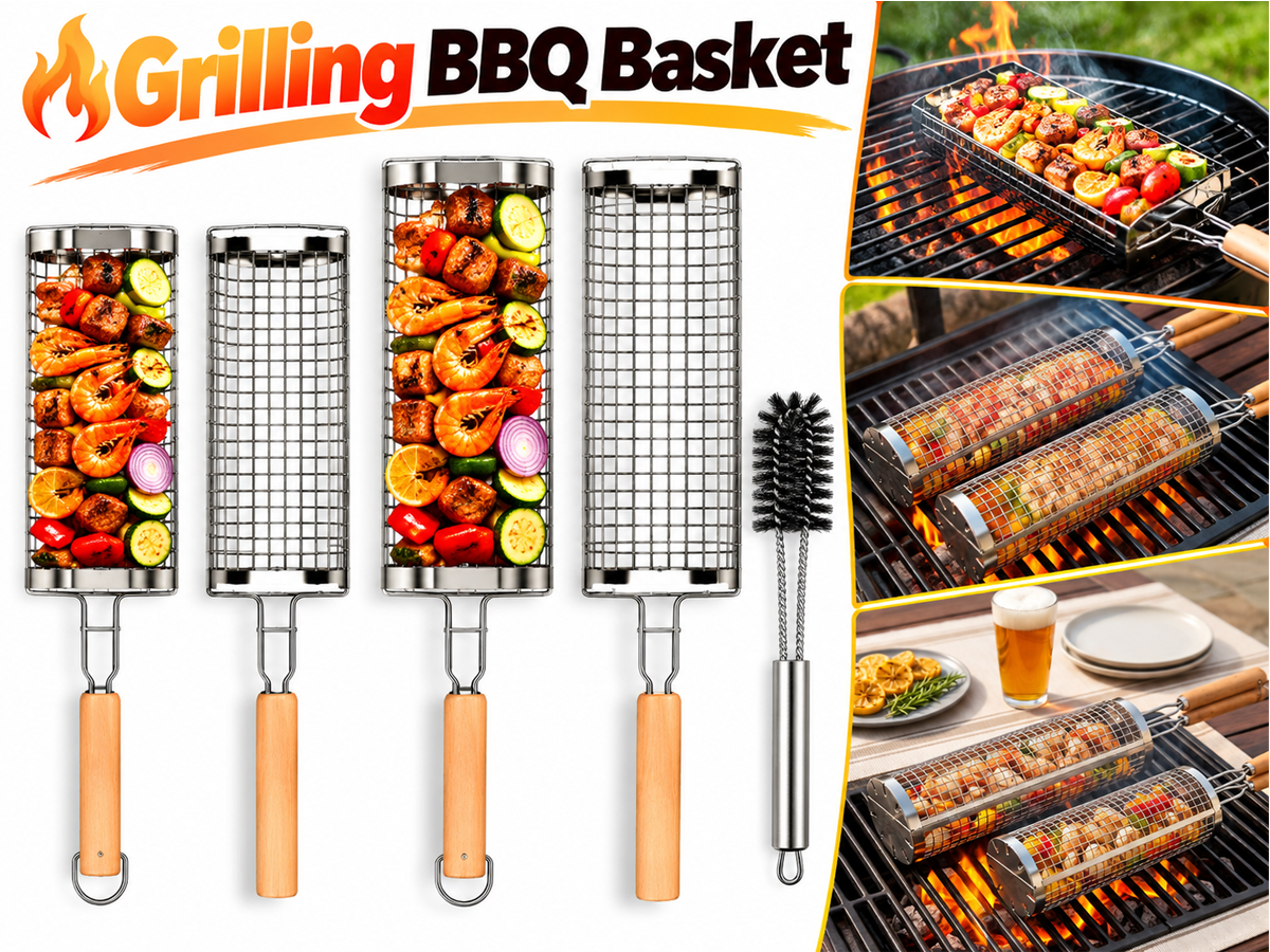 Rolling Grill Basket Set of 2 BBQ Baskets Wooden Handles