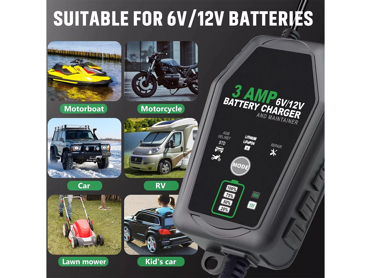 Car Battery Charger 6V 12V 3A Automatic Trickle Charger