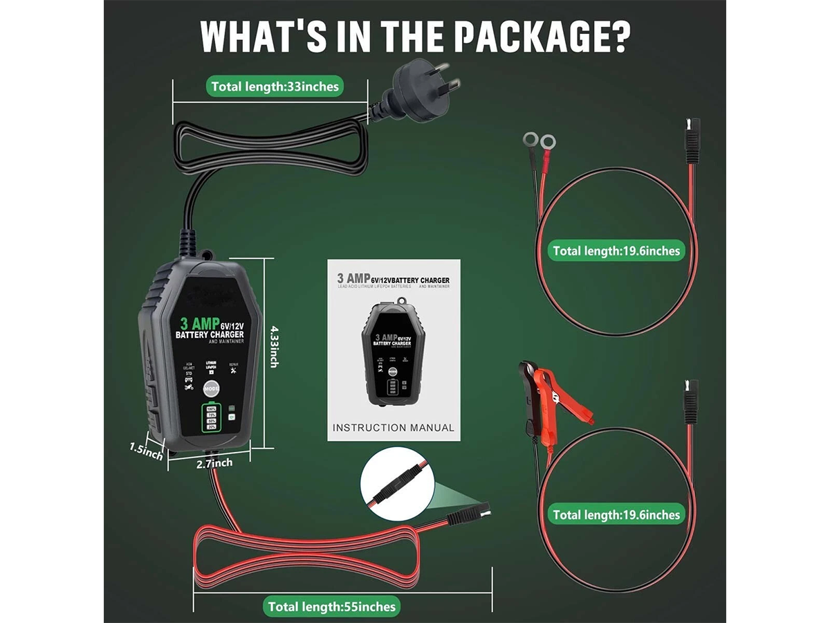 Car Battery Charger 6V 12V 3A Automatic Trickle Charger