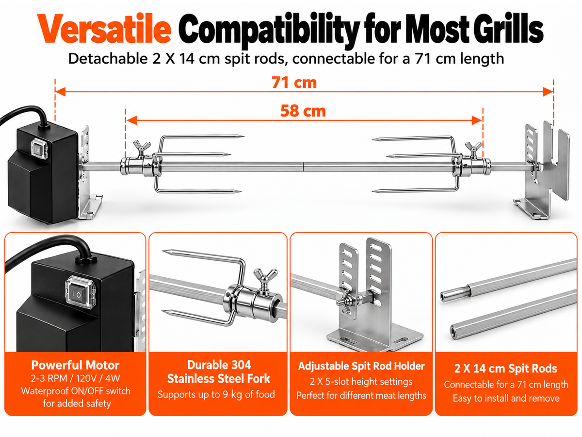 Electric BBQ Rotisserie Grill Kit Stainless Steel with Motor and Meat Forks