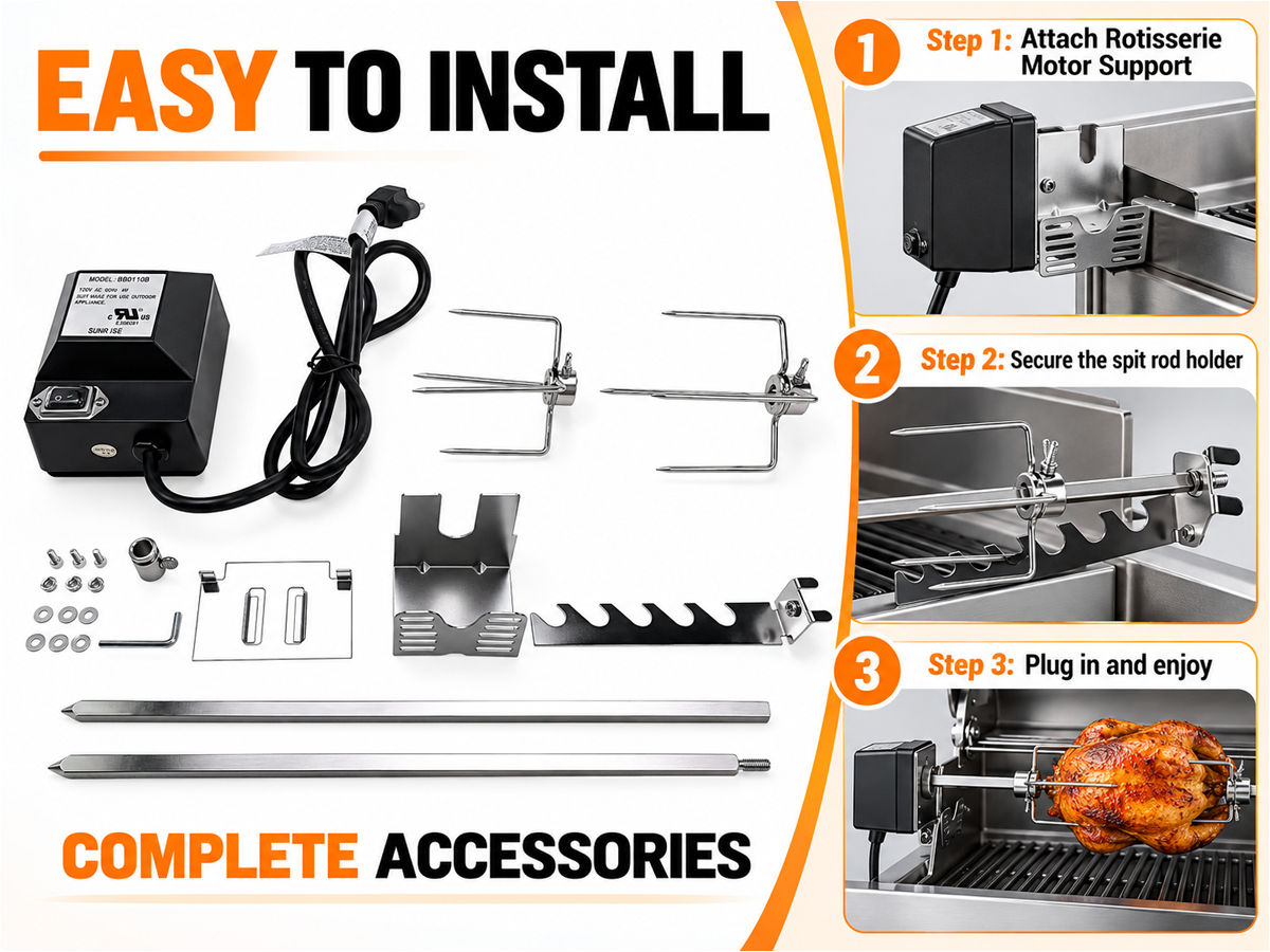 Electric BBQ Rotisserie Grill Kit Stainless Steel with Motor and Meat Forks