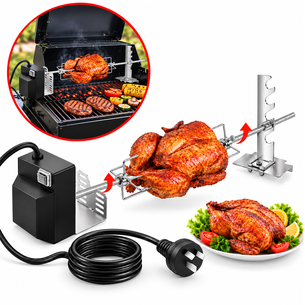 Electric BBQ Rotisserie Grill Kit Stainless Steel with Motor and Meat Forks