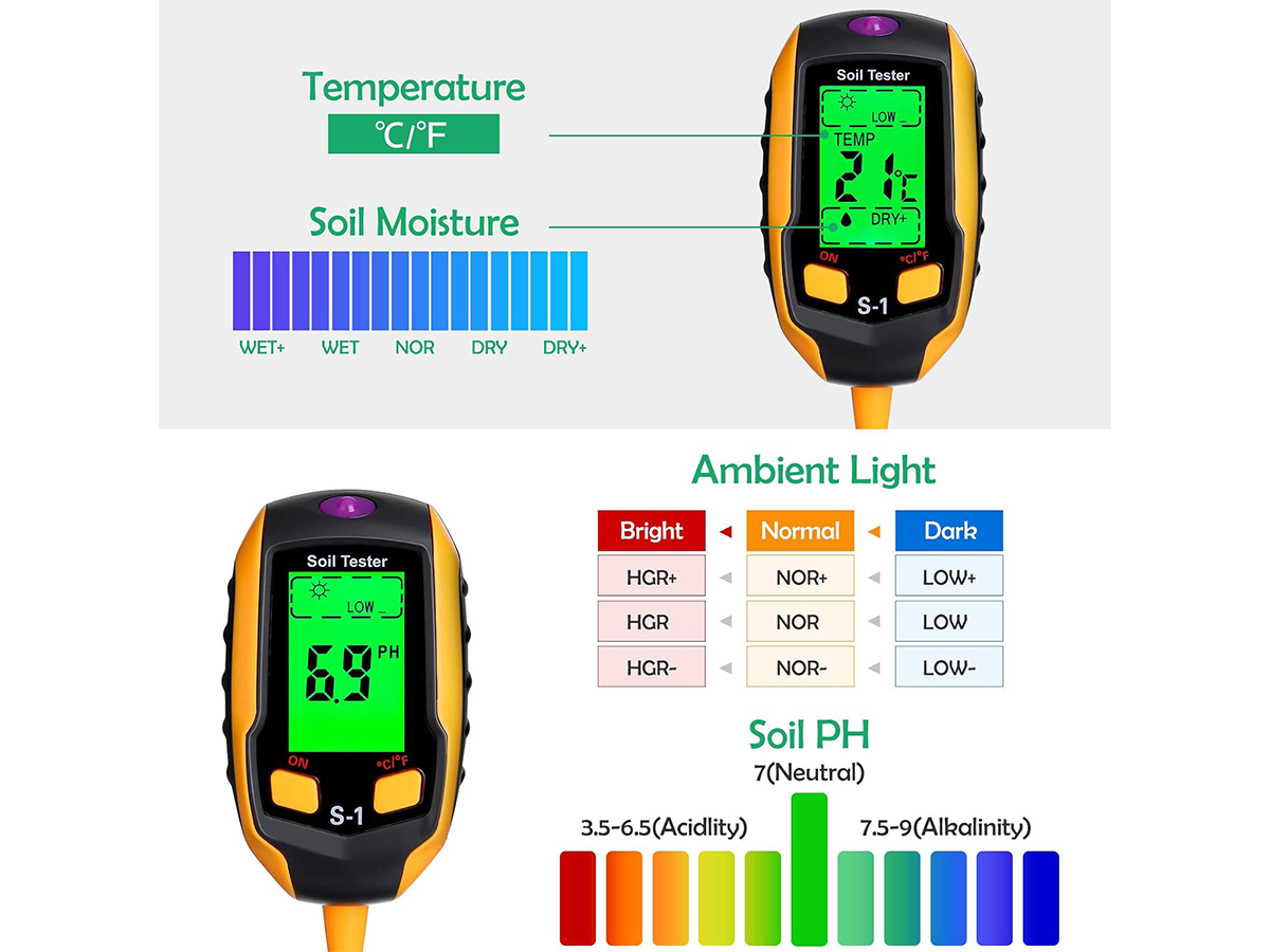 Soil Moisture Meter 4 in 1 Digital pH Light Temperature Tester Garden Plants