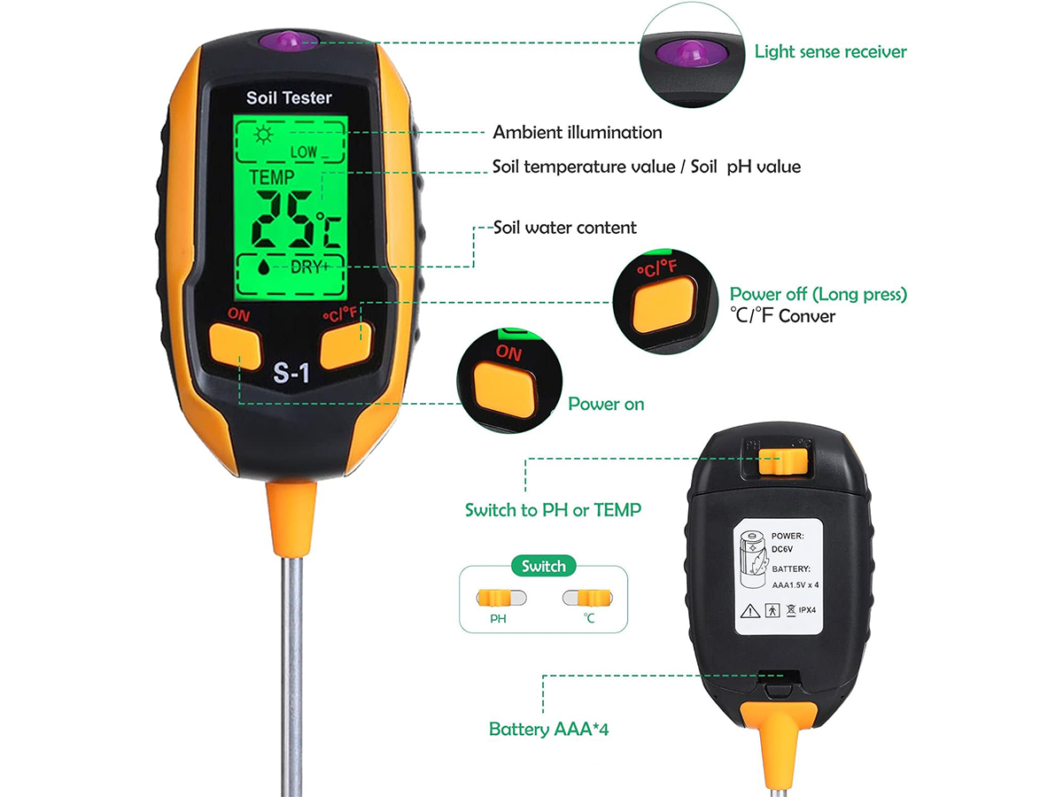 Soil Moisture Meter 4 in 1 Digital pH Light Temperature Tester Garden Plants