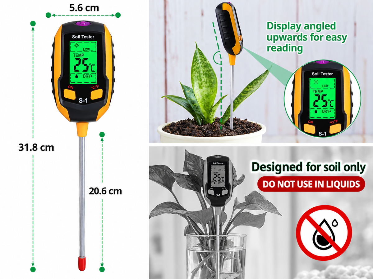 Soil Moisture Meter 4 in 1 Digital pH Light Temperature Tester Garden Plants