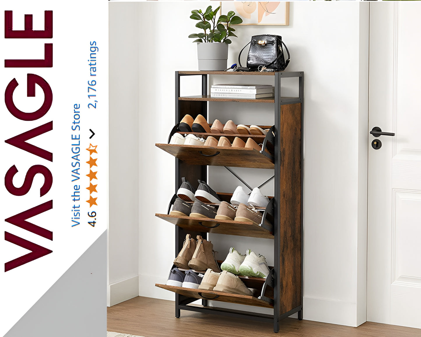 Storage Rack for Hallway Entryway 15–24 Pairs Rustic Brown Black