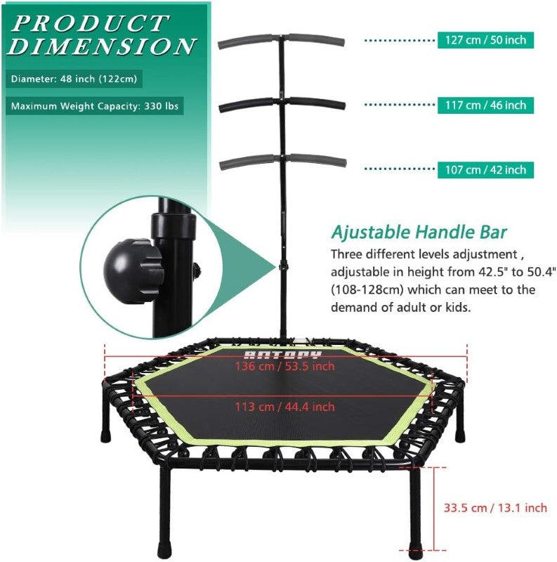 48'' Fitness Trampoline with Adjustable Handle Bar