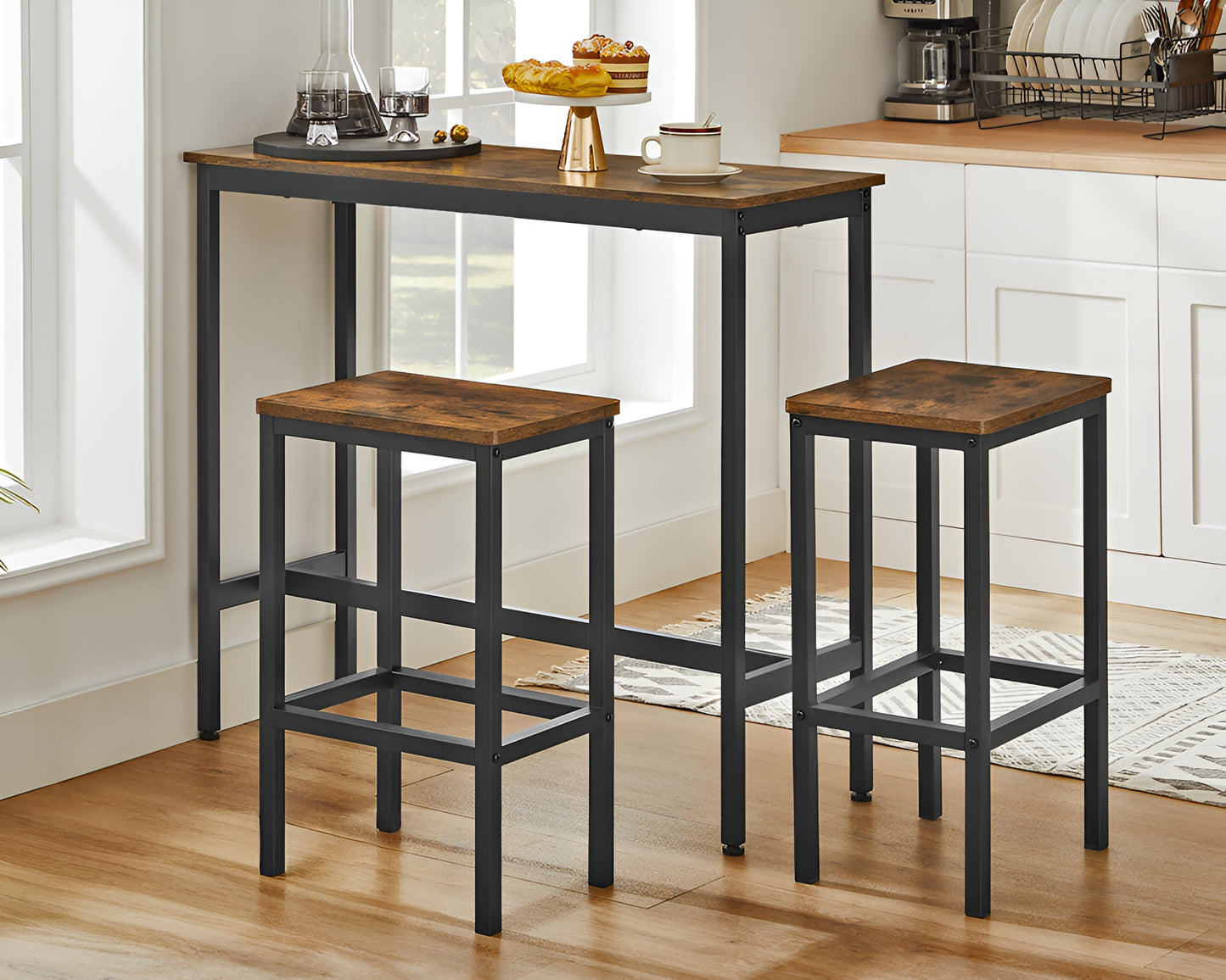 Bar Table and Bar Stools Industrial 3 Piece Dining Set Rustic Brown Black