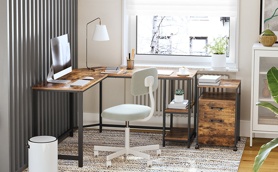 VASAGLE L-Shaped Computer Desk, Workstation with Shelves, Industrial Style, Rustic Brown and Black
