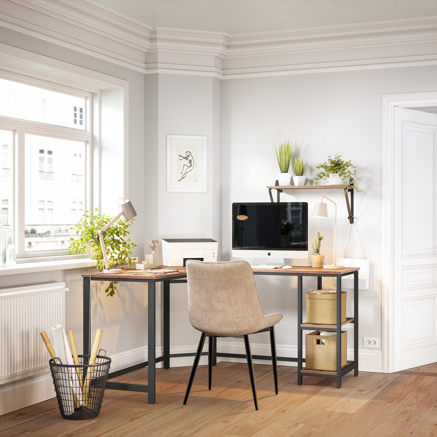 VASAGLE L-Shaped Computer Desk, Workstation with Shelves, Industrial Style, Rustic Brown and Black