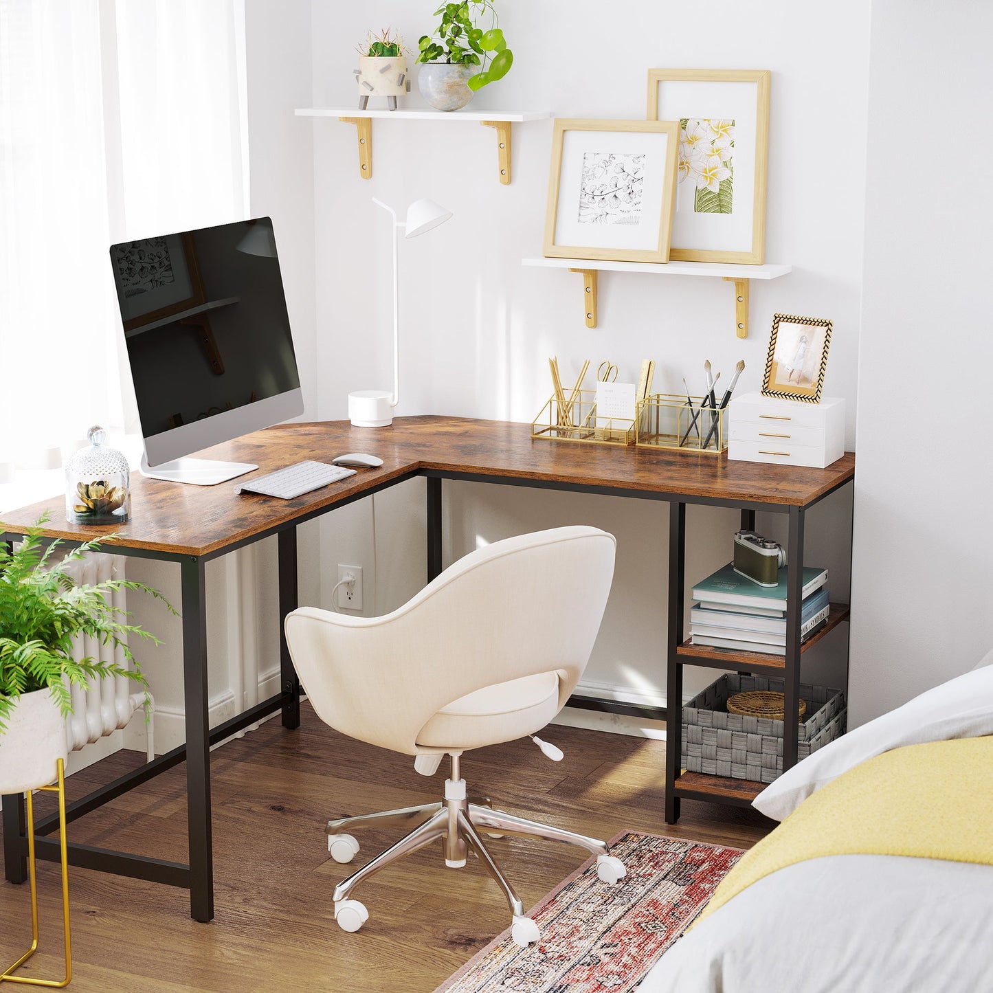 VASAGLE L-Shaped Computer Desk, Workstation with Shelves, Industrial Style, Rustic Brown and Black