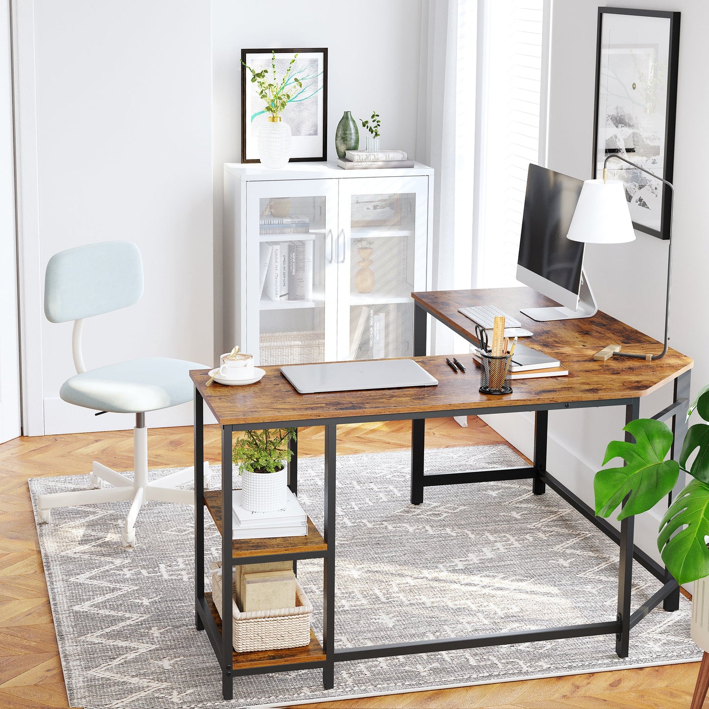 VASAGLE L-Shaped Computer Desk, Workstation with Shelves, Industrial Style, Rustic Brown and Black