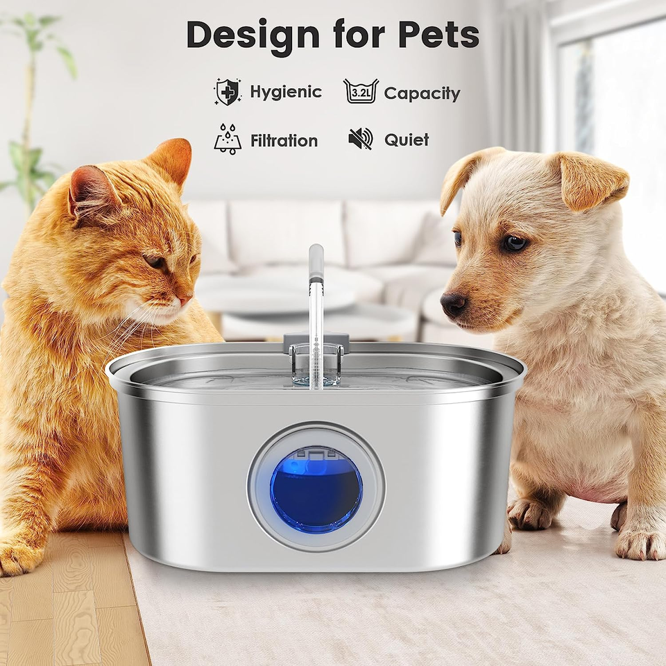 Stainless Steel Cat Water Fountain – 3.2L Water Dispenser with Dual Filter System