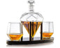 Whiskey Decanter Diamond Shaped With 2 Diamond Glasses & Mahogany Wooden Holder