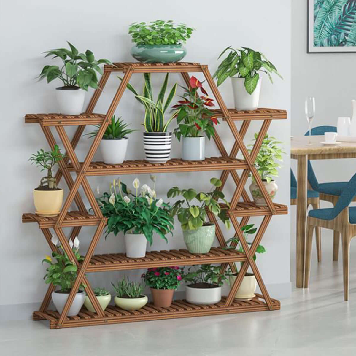 6-Tier 15 Pots Wooden Plant Flower Display Stand Wood Shelf Storage Rack Holder Succulents Planter for Garden Patio Balcony