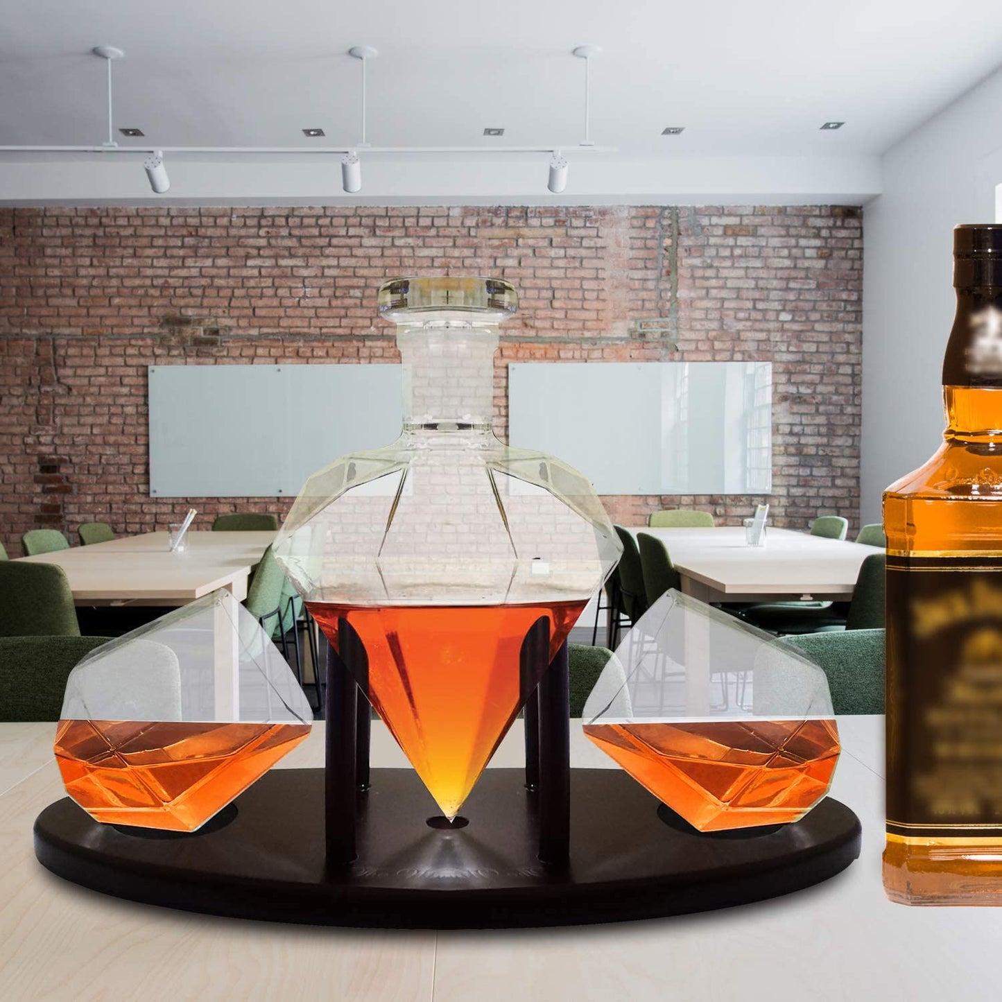 Whiskey Decanter Diamond Shaped With 2 Diamond Glasses & Mahogany Wooden Holder