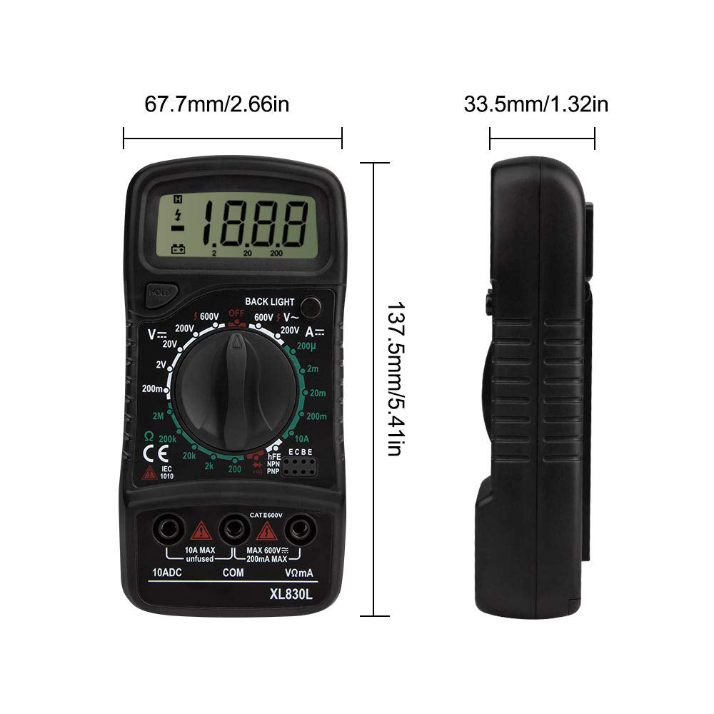 Handheld Digital Multimeter + Test Probes Large Backlit Lcd XL830L