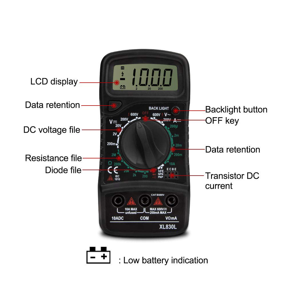 Handheld Digital Multimeter + Test Probes Large Backlit Lcd XL830L