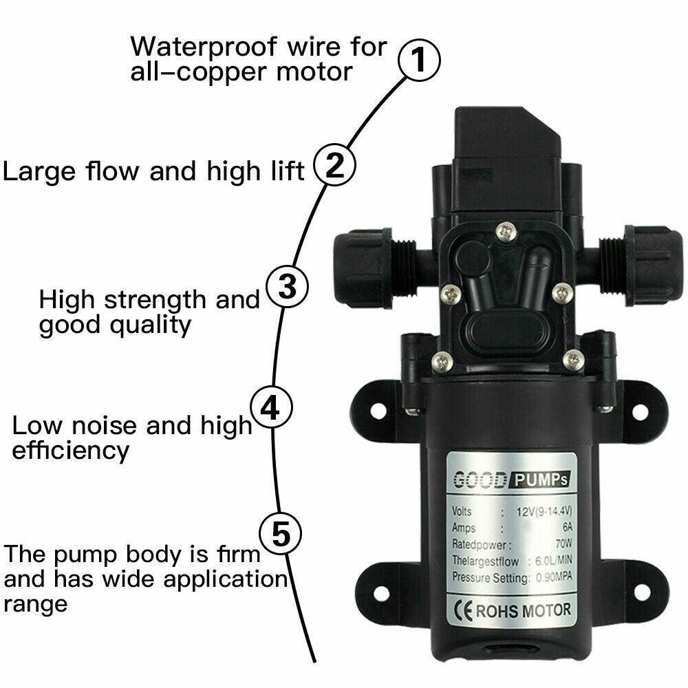 70W Water Pump 6L/Min 12V 130PSI High Pressure Self-Priming for Caravan, Camping, Boat – Durable and Versatile Pump