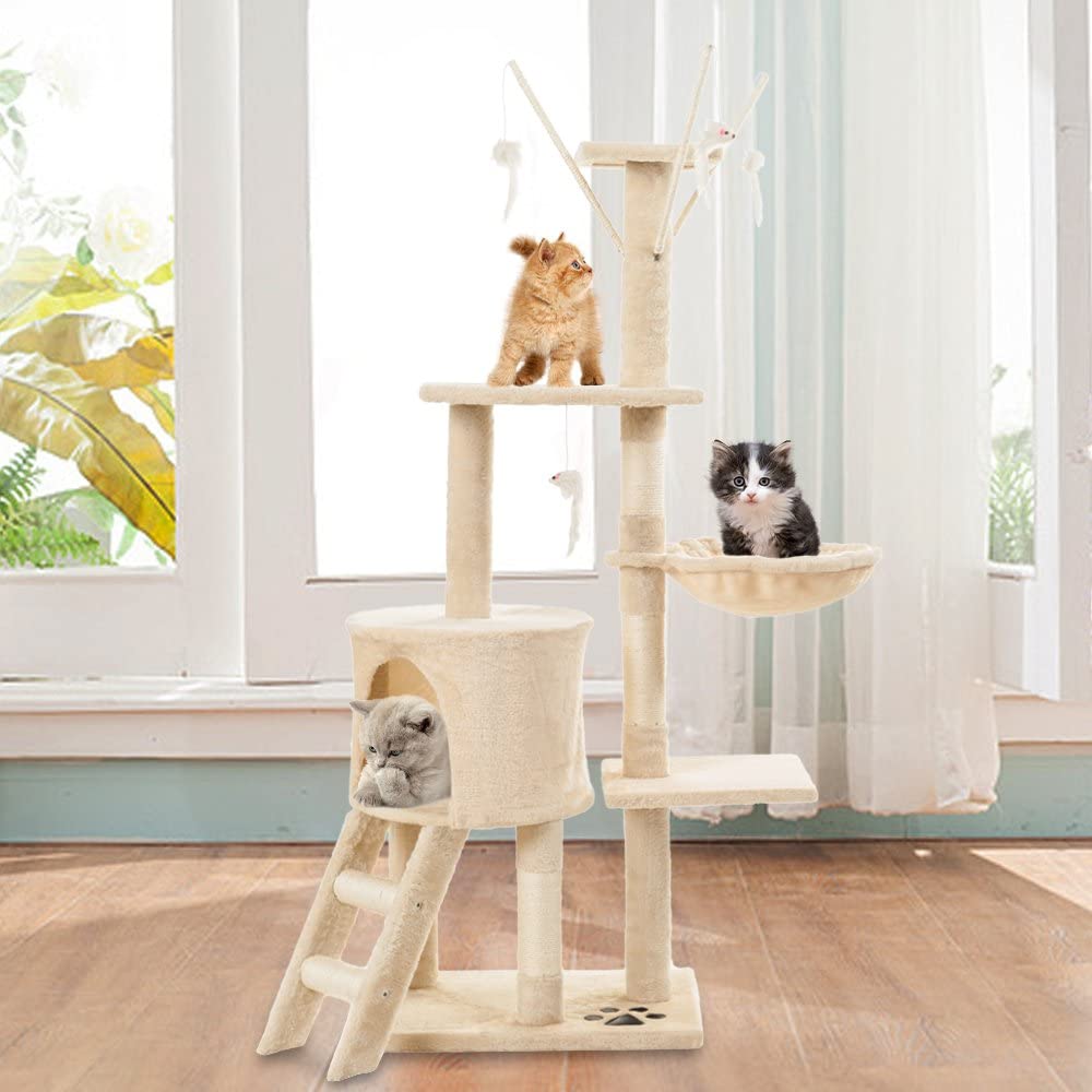Cat Tree Condo with Scratching Posts, Perches, Basket Lounger, and Ladder – Deluxe Kitten Play House (138CM)