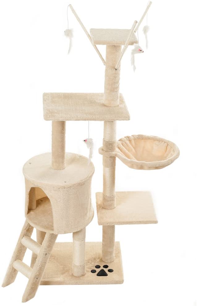 Cat Tree Condo with Scratching Posts, Perches, Basket Lounger, and Ladder – Deluxe Kitten Play House (138CM)