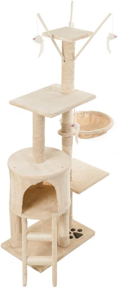 Cat Tree Condo with Scratching Posts, Perches, Basket Lounger, and Ladder – Deluxe Kitten Play House (138CM)