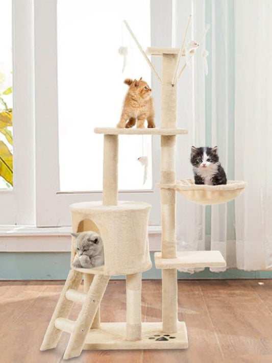 Cat Tree Condo with Scratching Posts, Perches, Basket Lounger, and Ladder – Deluxe Kitten Play House (138CM)