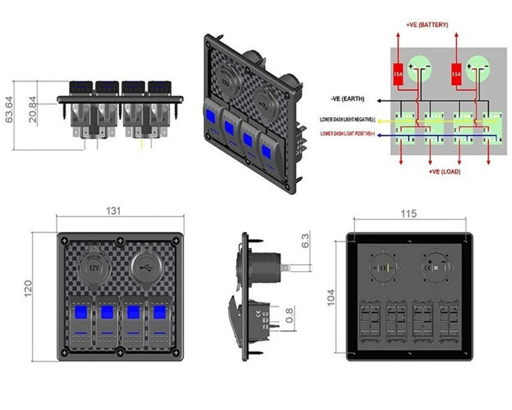 12V 24V Rocker Switch Panel 4 way